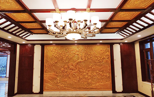 海宁中式别墅客厅中式木作横梁吊顶装饰展示
